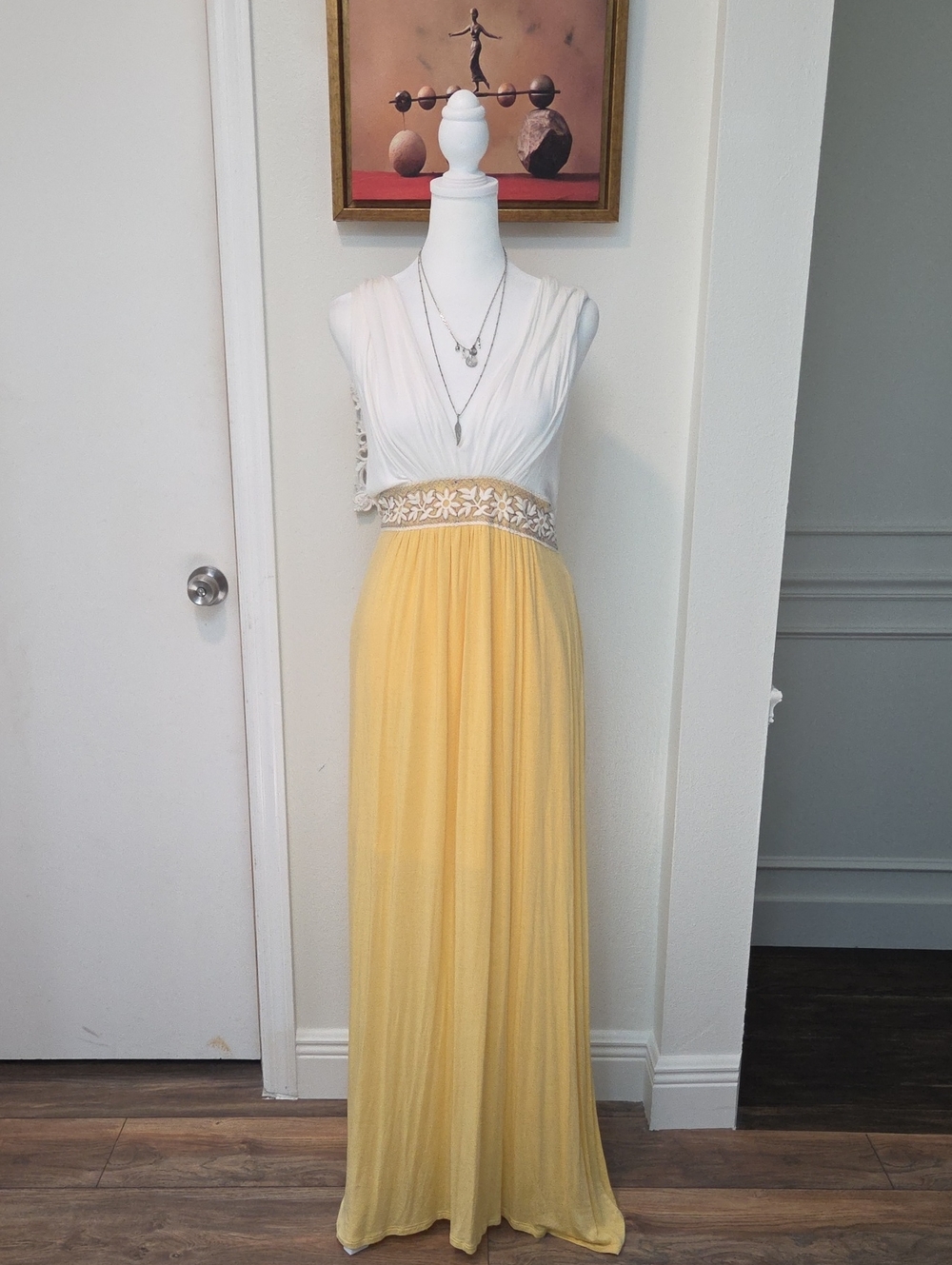 White and Yellow Maxi Dress with Embroidered Waist